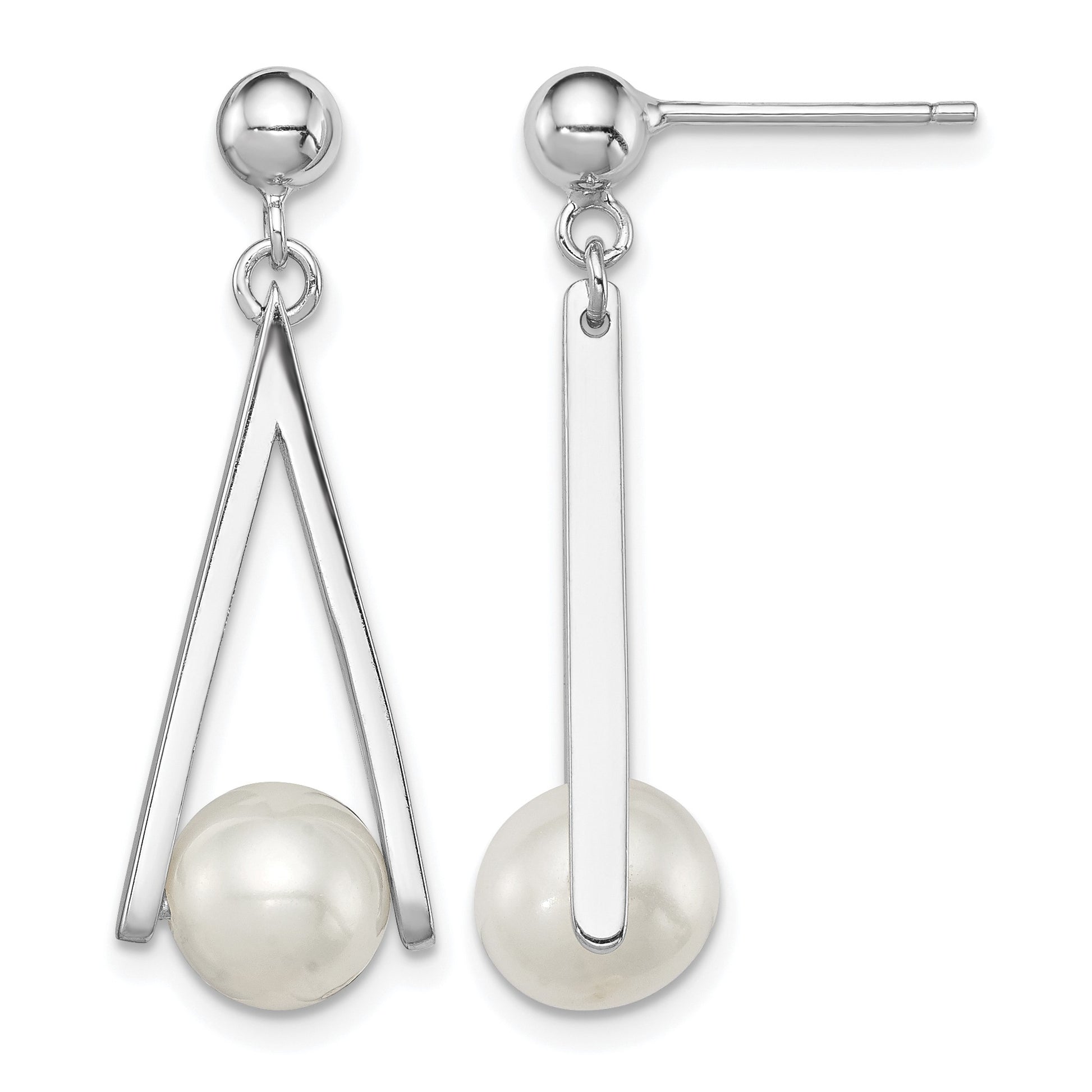Sterling Silver Rhodium-plated 8-9mm White Semi-Round Freshwater Cultured Pearl Triangle Post Dangle Earrings