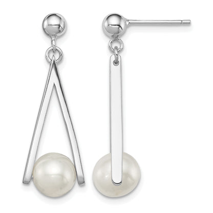 Sterling Silver Rhodium-plated 8-9mm White Semi-Round Freshwater Cultured Pearl Triangle Post Dangle Earrings