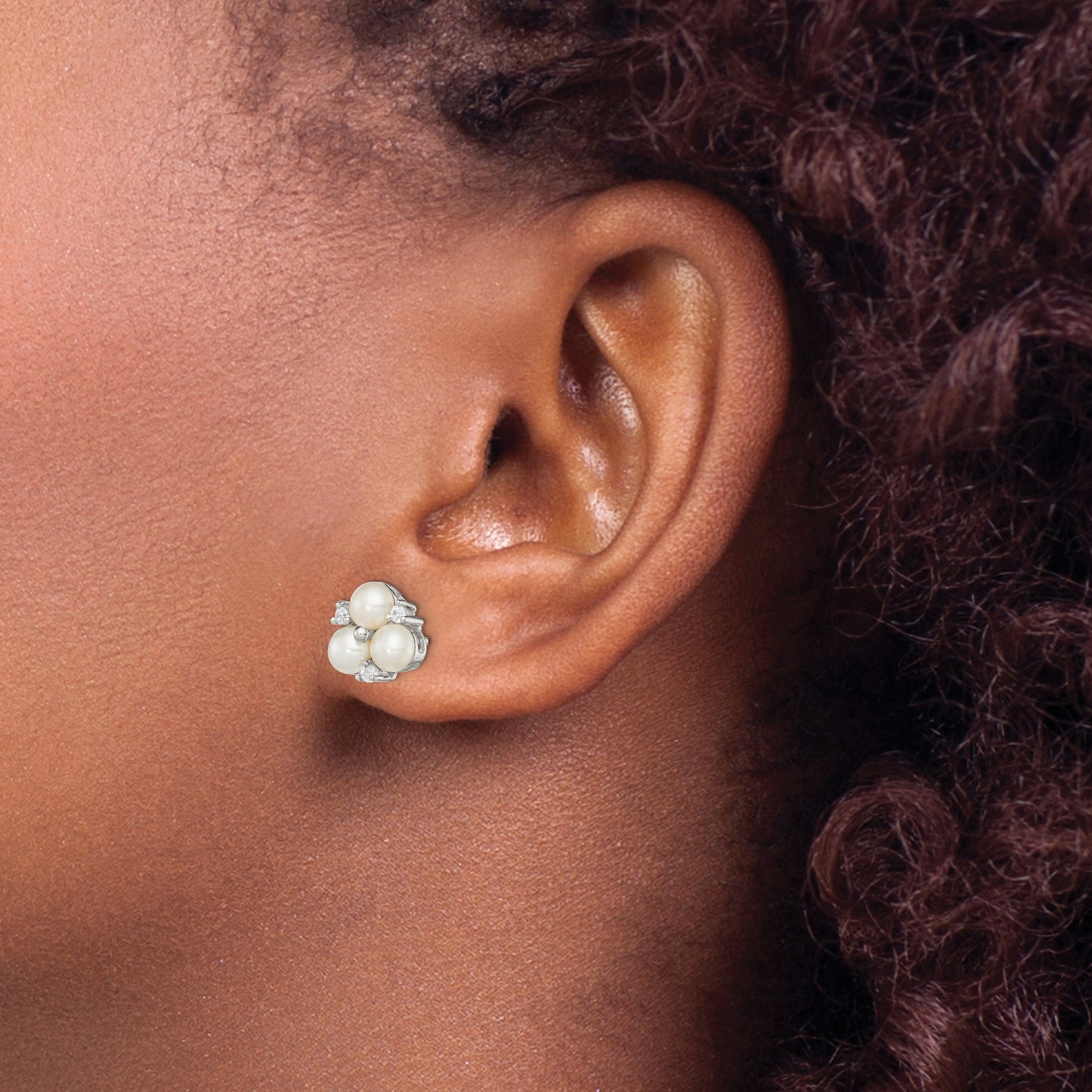 Sterling Silver Rhodium-plated 5-6mm White Button Freshwater Cultured 3-Pearl and CZ Post Earrings