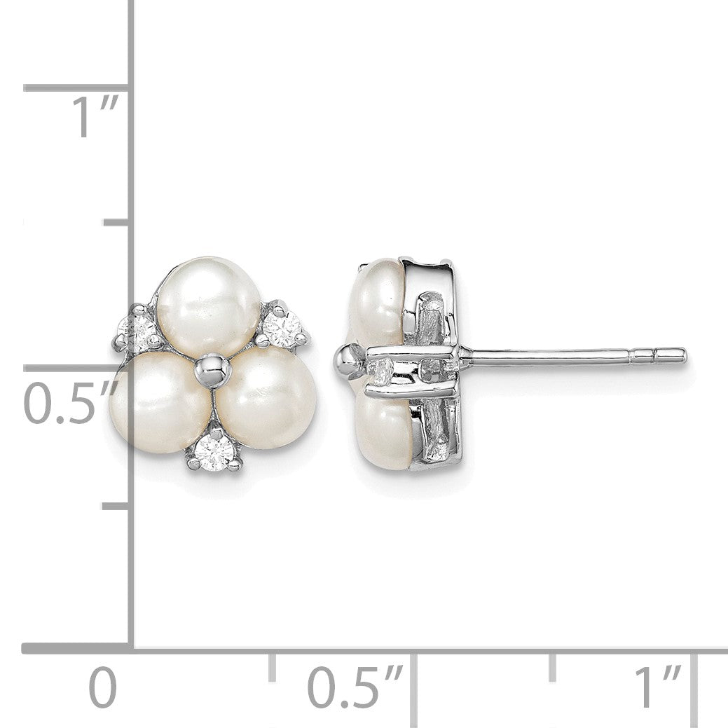 Sterling Silver Rhodium-plated 5-6mm White Button Freshwater Cultured 3-Pearl and CZ Post Earrings