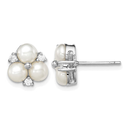 Sterling Silver Rhodium-plated 5-6mm White Button Freshwater Cultured 3-Pearl and CZ Post Earrings