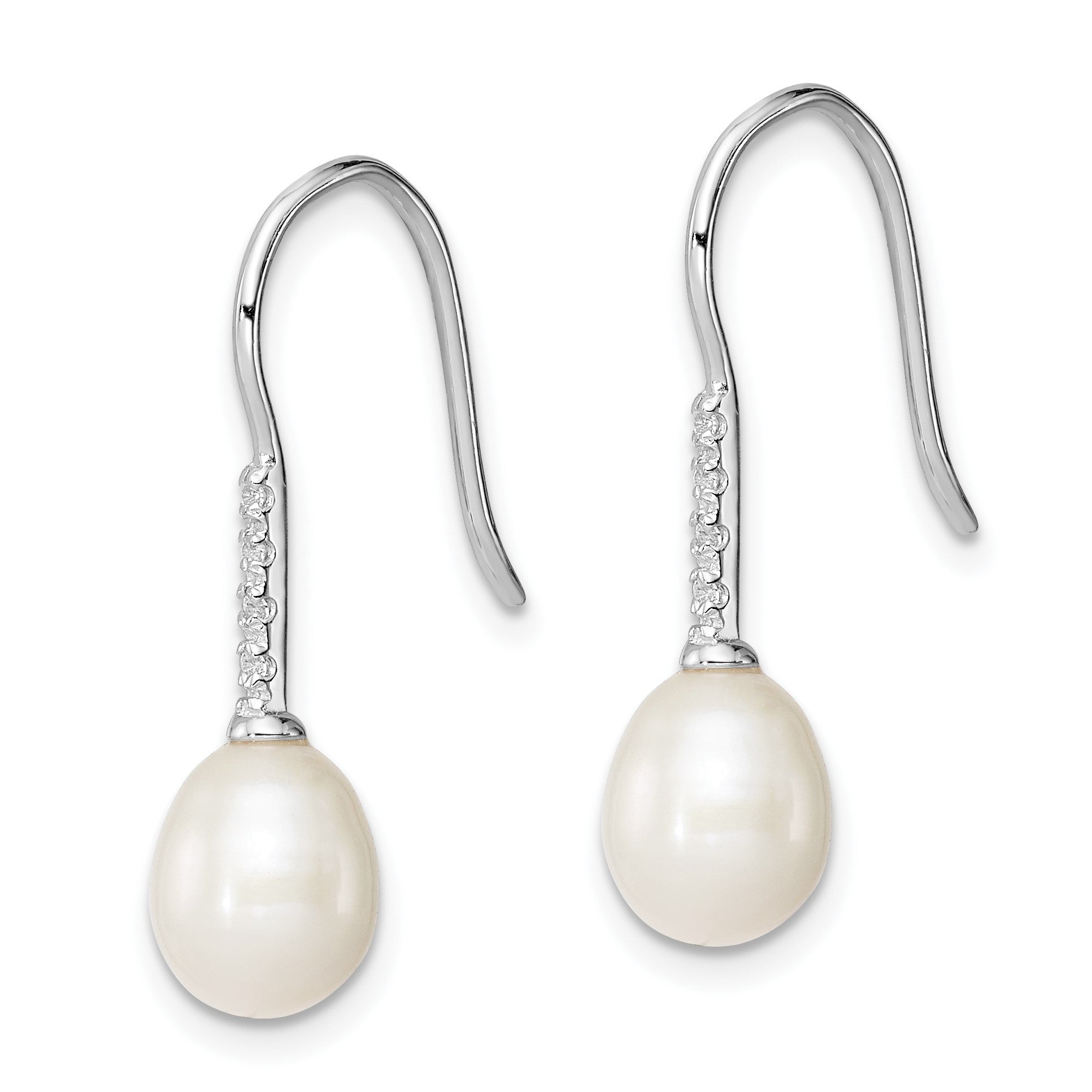 Sterling Silver Rhodium-plated 7-8mm White Teardrop Freshwater Cultured Pearl and CZ Dangle Earrings