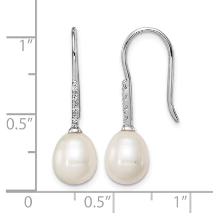 Sterling Silver Rhodium-plated 7-8mm White Teardrop Freshwater Cultured Pearl and CZ Dangle Earrings
