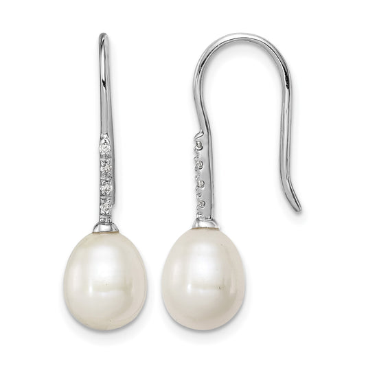 Sterling Silver Rhodium-plated 7-8mm White Teardrop Freshwater Cultured Pearl and CZ Dangle Earrings