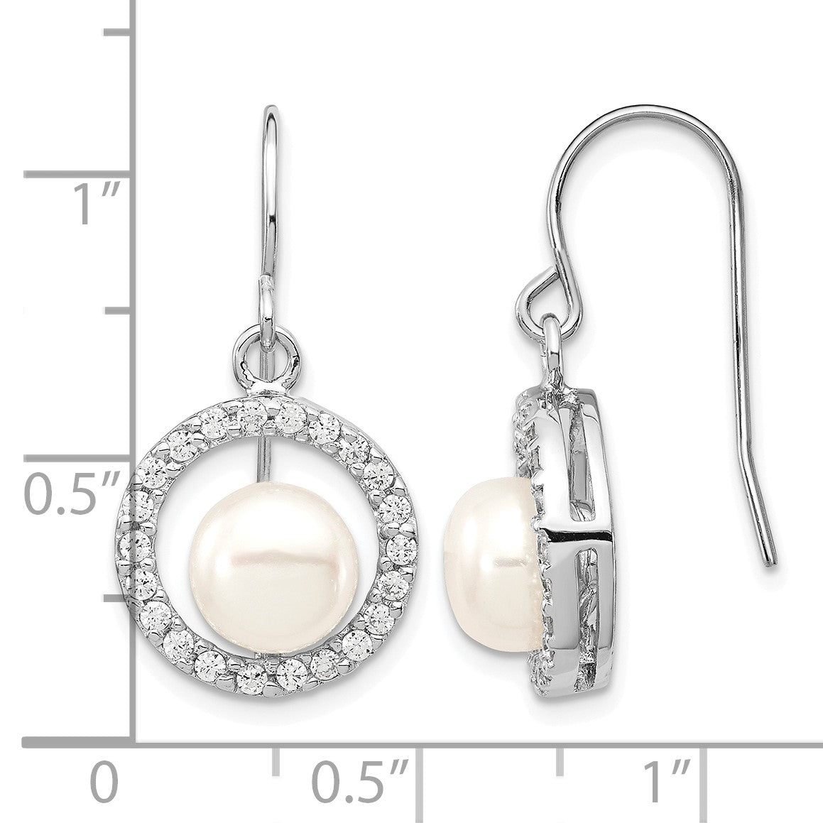 Sterling Silver Rhodium-plated 7-8mm White Button Freshwater Cultured Pearl and CZ Dangle Earrings