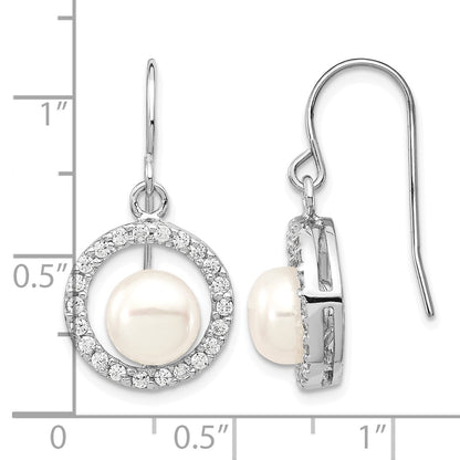 Sterling Silver Rhodium-plated 7-8mm White Button Freshwater Cultured Pearl and CZ Dangle Earrings