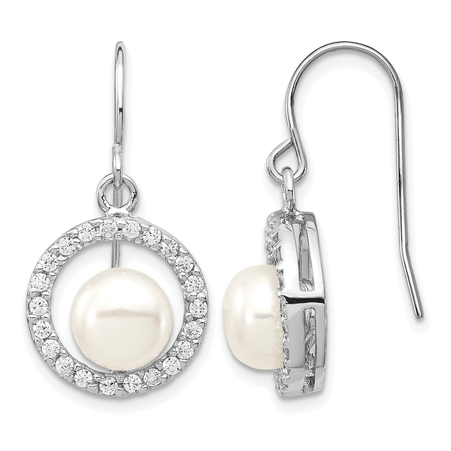 Sterling Silver Rhodium-plated 7-8mm White Button Freshwater Cultured Pearl and CZ Dangle Earrings