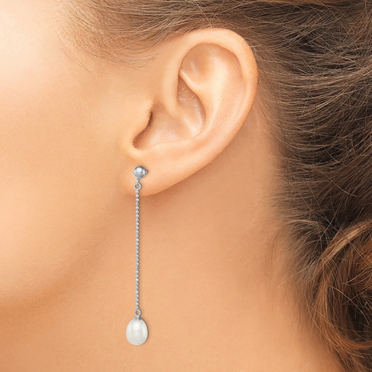 Sterling Silver Rhodium-plated 7-8mm White Rice Freshwater Cultured Pearl Post Dangle Earrings