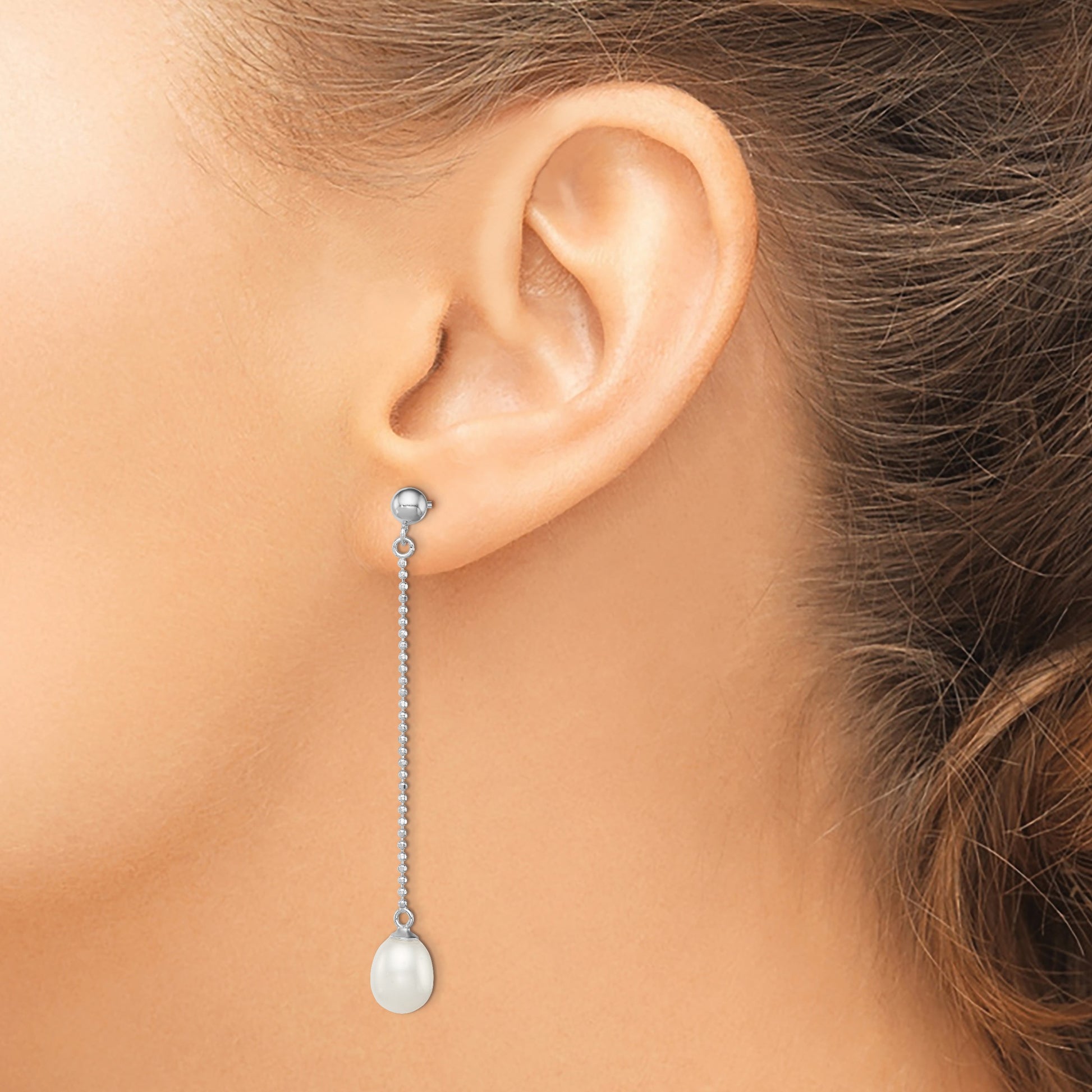 Sterling Silver Rhodium-plated 7-8mm White Rice Freshwater Cultured Pearl Post Dangle Earrings