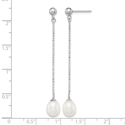 Sterling Silver Rhodium-plated 7-8mm White Rice Freshwater Cultured Pearl Post Dangle Earrings