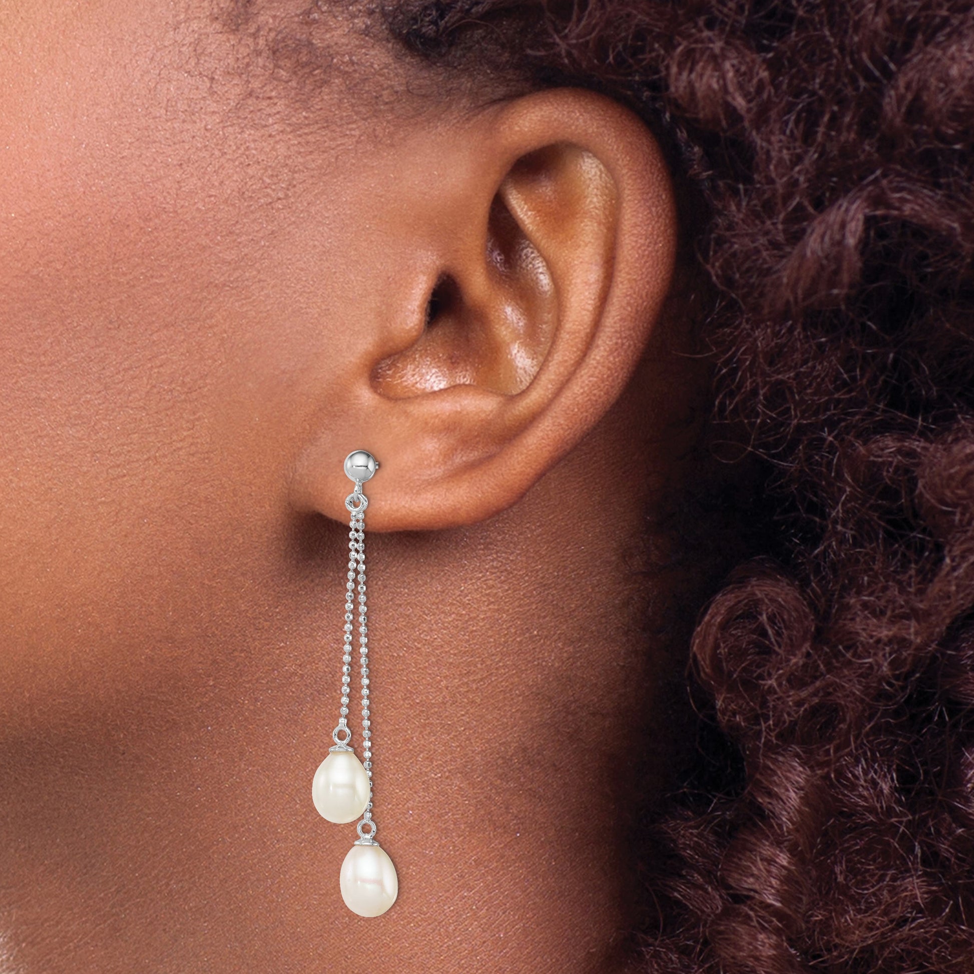 Sterling Silver Rhodium-plated 7-8mm White Rice Freshwater Cultured Pearl Post Dangle Earrings