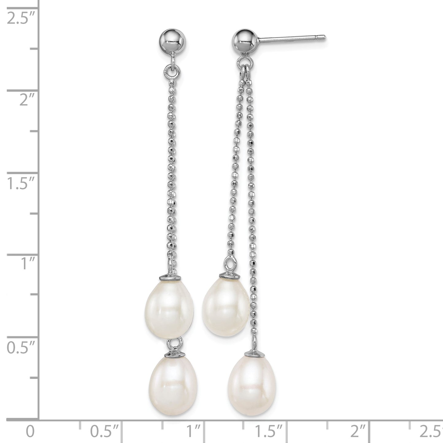 Sterling Silver Rhodium-plated 7-8mm White Rice Freshwater Cultured Pearl Post Dangle Earrings