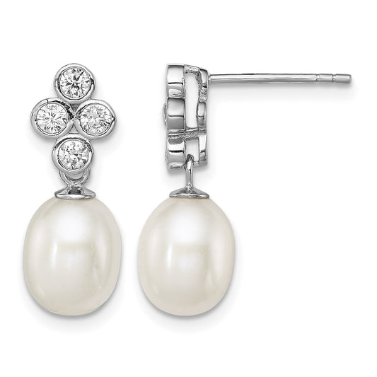 Sterling Silver Rhodium-plated 7-8mm White Rice Freshwater Cultured Pearl and CZ Post Dangle Earrings