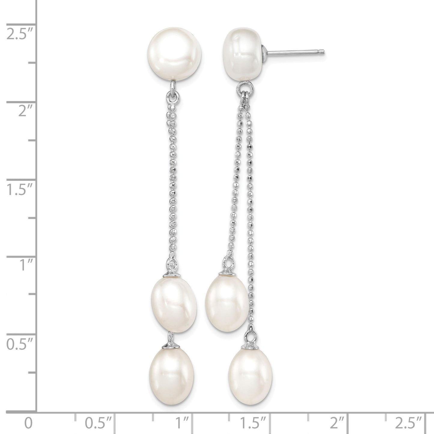 Sterling Silver Rhodium-plated 6-9mm White Rice and Button Freshwater Cultured 3-Pearl Post Dangle Earrings