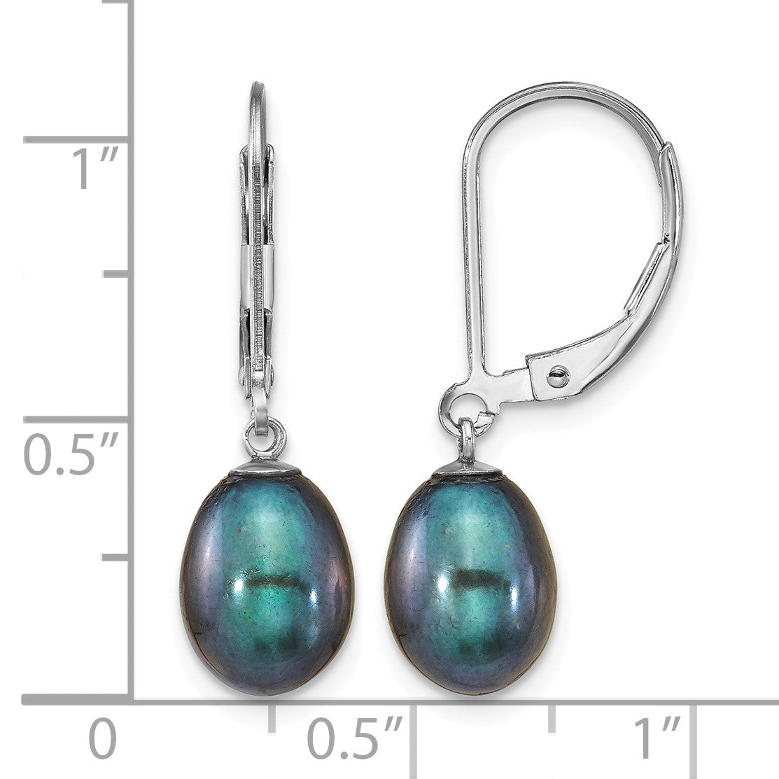 Sterling Silver Rhodium-plated 7-8mm Black Teardrop Freshwater Cultured Pearl Leverback Dangle Earrings