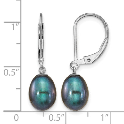 Sterling Silver Rhodium-plated 7-8mm Black Teardrop Freshwater Cultured Pearl Leverback Dangle Earrings
