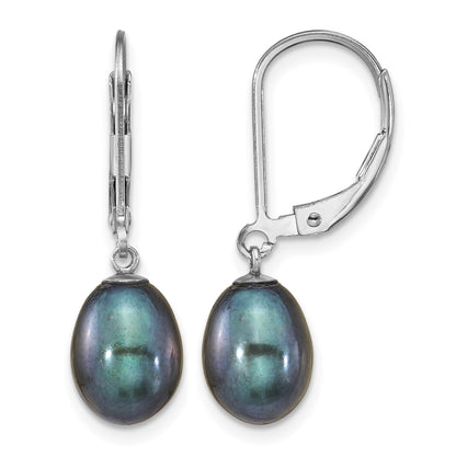 Sterling Silver Rhodium-plated 7-8mm Black Teardrop Freshwater Cultured Pearl Leverback Dangle Earrings