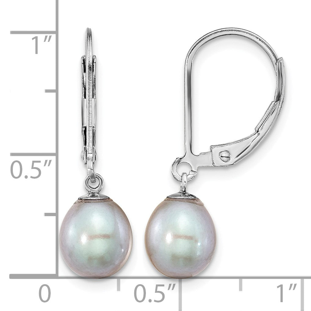 Sterling Silver Rhodium-plated 7-8mm Grey Teardrop Freshwater Cultured Pearl Leverback Dangle Earrings