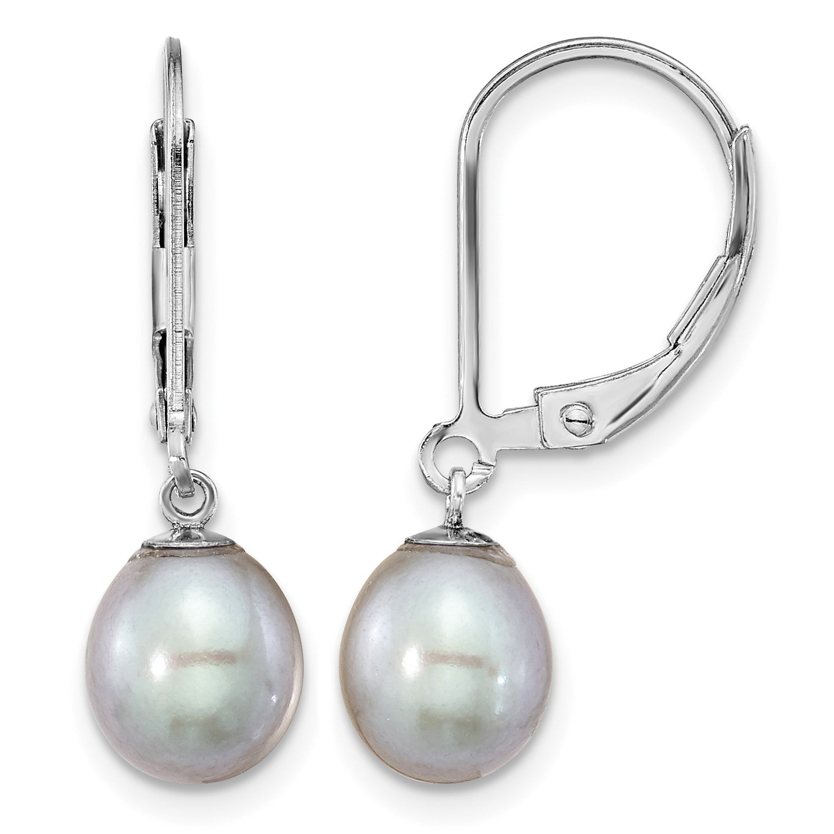 Sterling Silver Rhodium-plated 7-8mm Grey Teardrop Freshwater Cultured Pearl Leverback Dangle Earrings