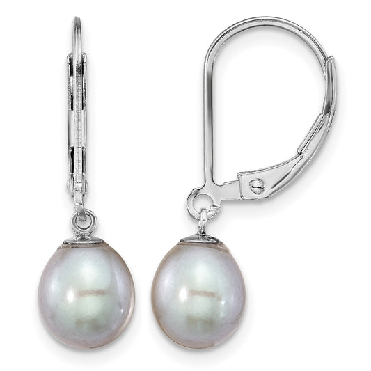 Sterling Silver Rhodium-plated 7-8mm Grey Teardrop Freshwater Cultured Pearl Leverback Dangle Earrings