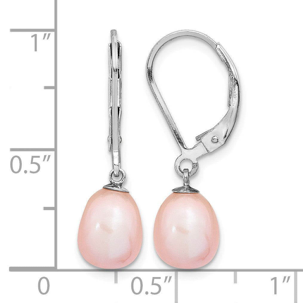 Sterling Silver Rhodium-plated 7-8mm Pink Teardrop Freshwater Cultured Pearl Leverback Dangle Earrings