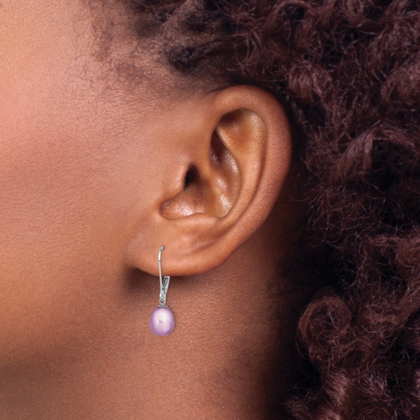 Sterling Silver Rhodium-plated 7-8mm Purple Teardrop Freshwater Cultured Pearl Leverback Dangle Earrings