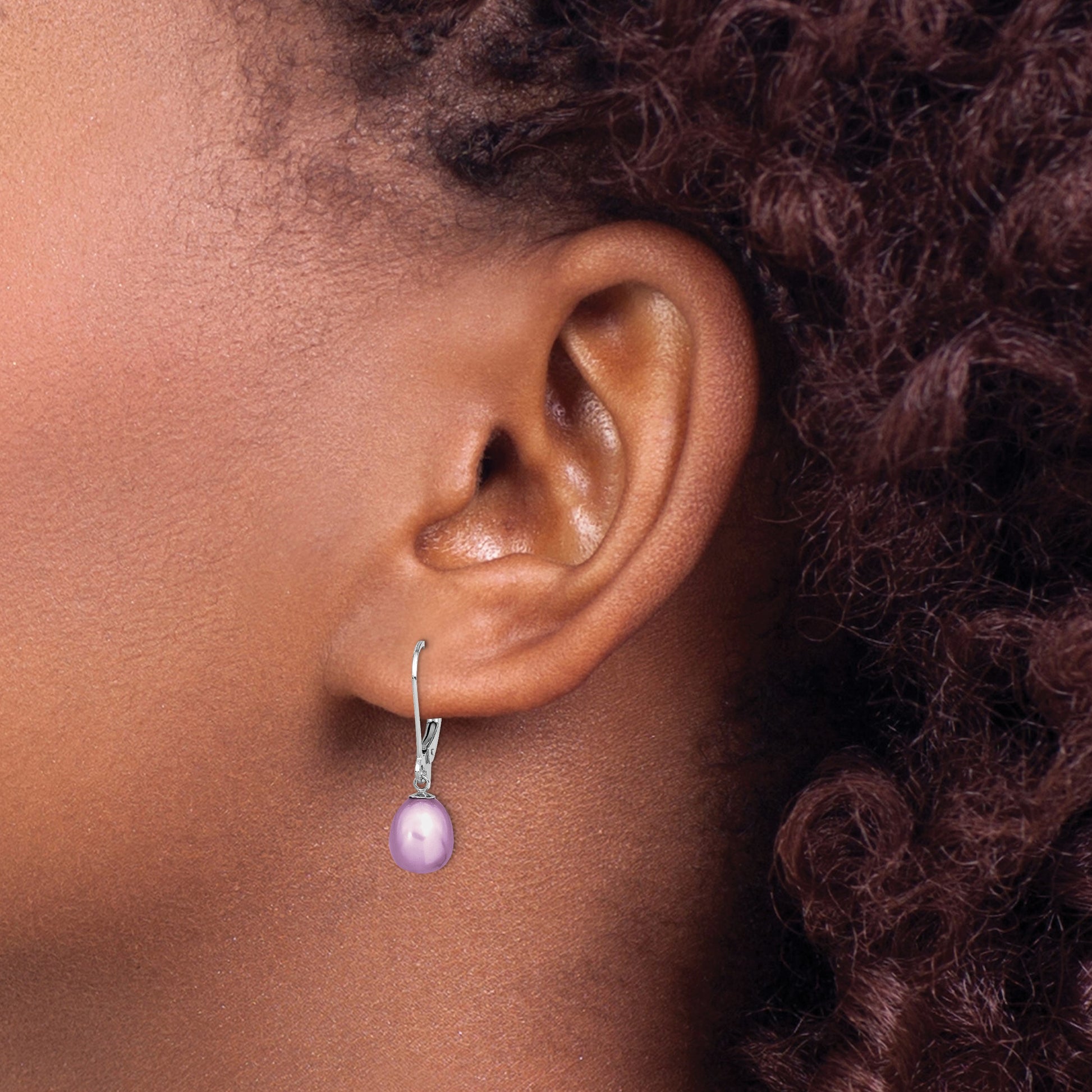 Sterling Silver Rhodium-plated 7-8mm Purple Teardrop Freshwater Cultured Pearl Leverback Dangle Earrings