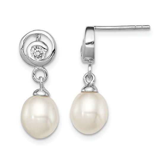 Sterling Silver Rhodium-plated 7-8mm White Rice Freshwater Cultured Pearl and CZ Post Dangle Earrings