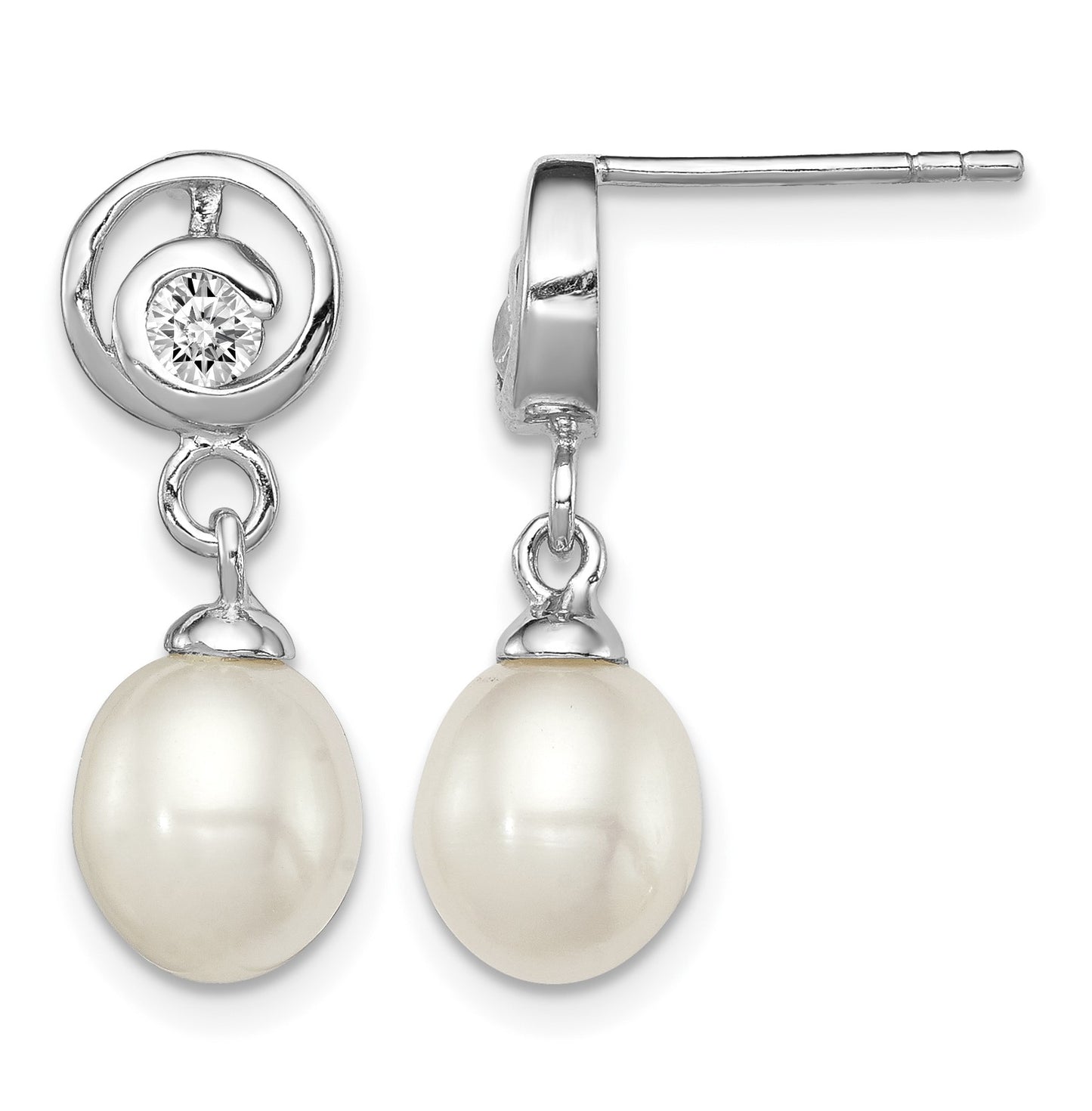 Sterling Silver Rhodium-plated 7-8mm White Rice Freshwater Cultured Pearl and CZ Post Dangle Earrings