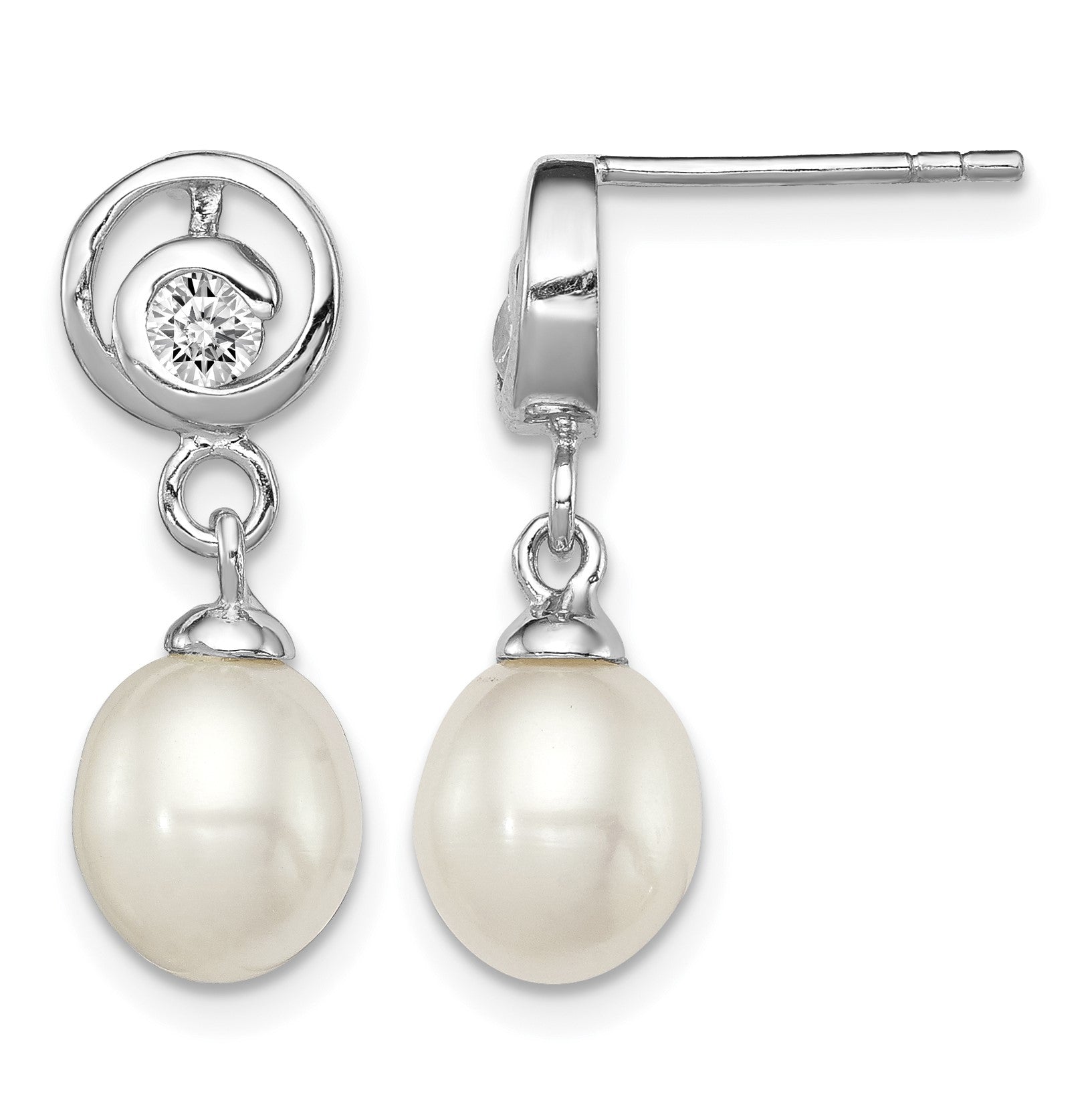Sterling Silver Rhodium-plated 7-8mm White Rice Freshwater Cultured Pearl and CZ Post Dangle Earrings