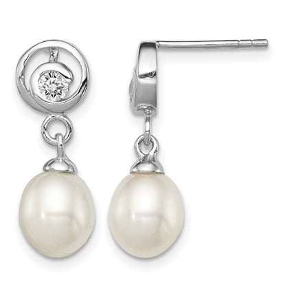 Sterling Silver Rhodium-plated 7-8mm White Rice Freshwater Cultured Pearl and CZ Post Dangle Earrings