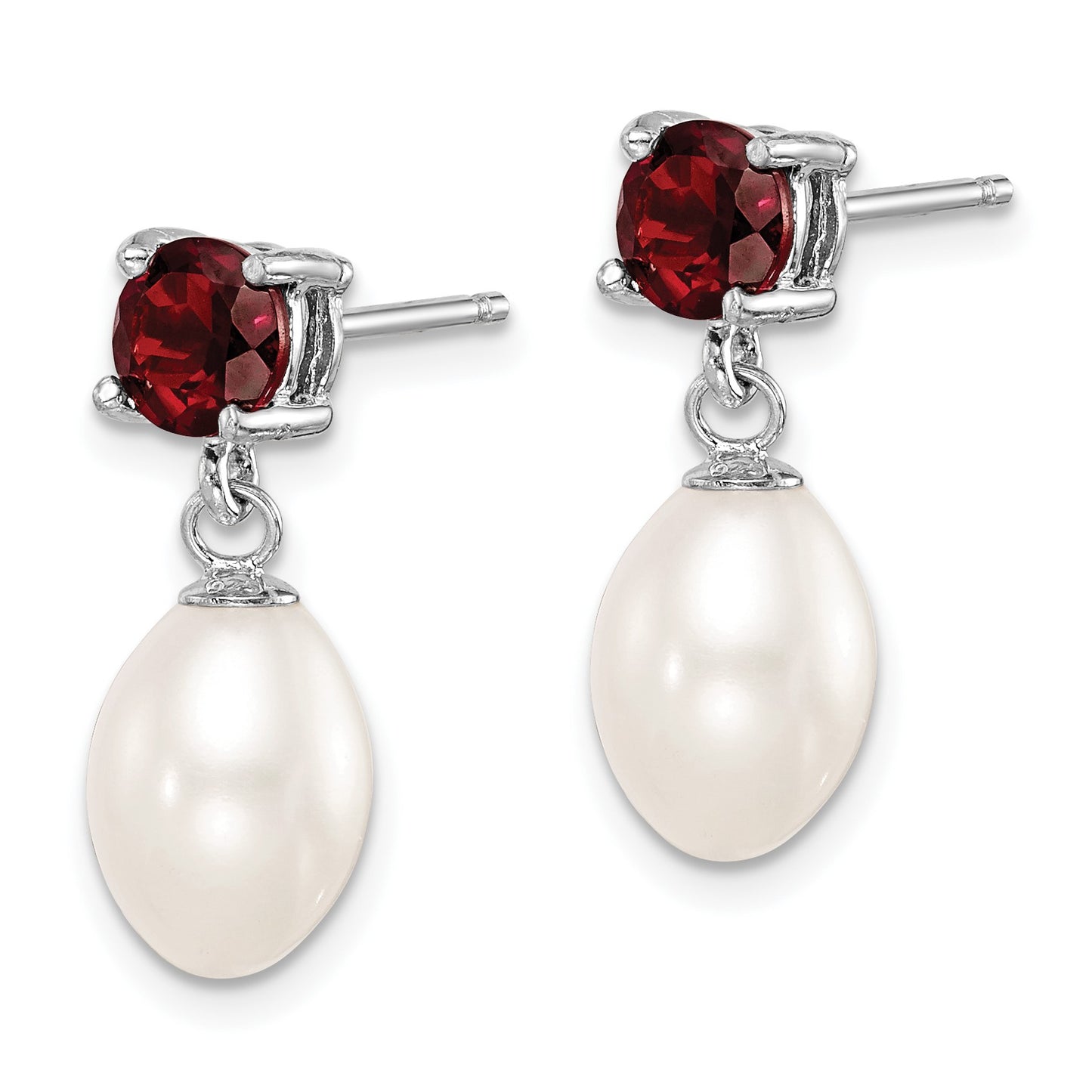 Sterling Silver Rhodium-plated 7-8mm White Teardrop Freshwater Cultured Pearl and 1.26GA Garnet Post Dangle Earrings