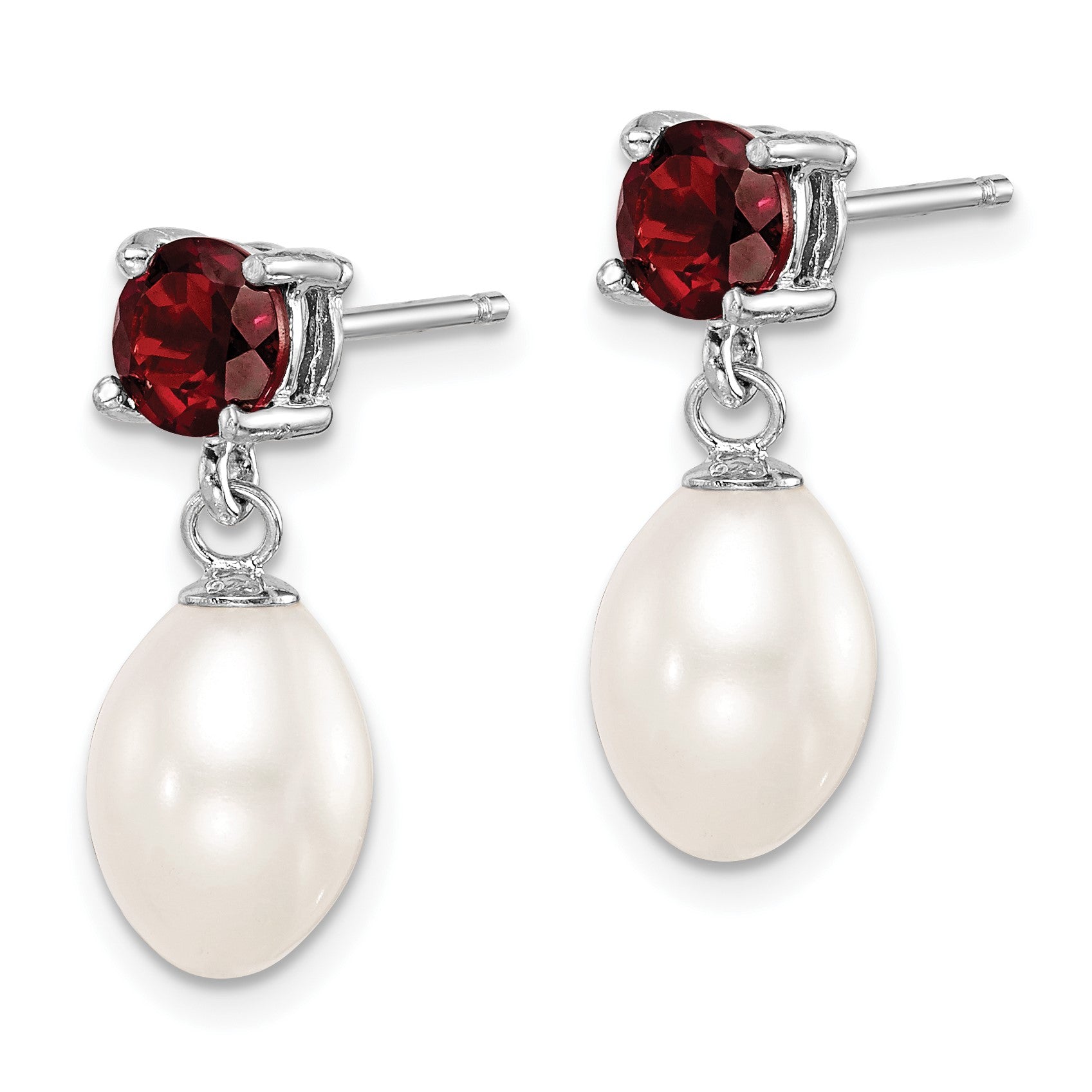 Sterling Silver Rhodium-plated 7-8mm White Teardrop Freshwater Cultured Pearl and 1.26GA Garnet Post Dangle Earrings