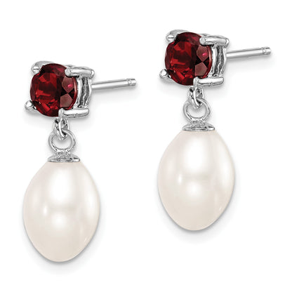 Sterling Silver Rhodium-plated 7-8mm White Teardrop Freshwater Cultured Pearl and 1.26GA Garnet Post Dangle Earrings