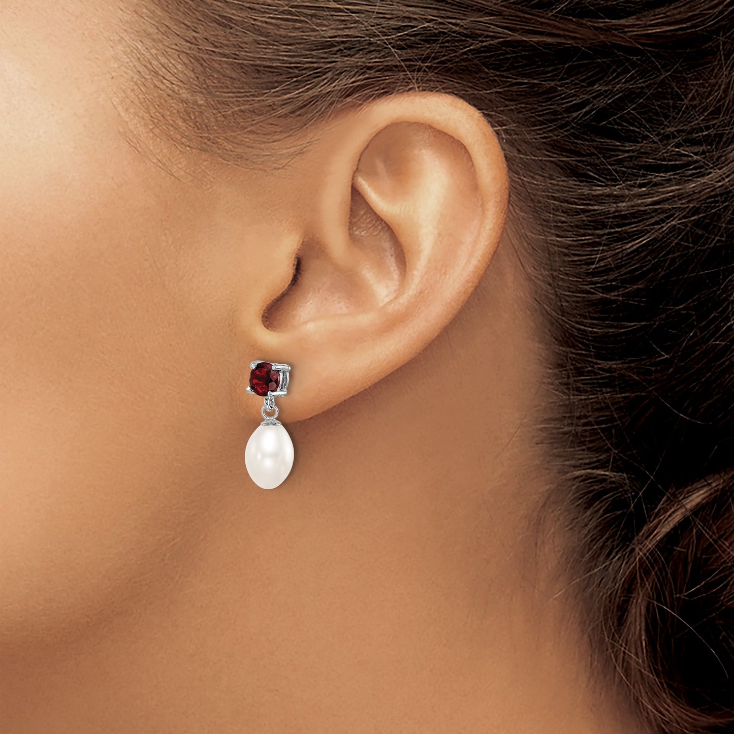 Sterling Silver Rhodium-plated 7-8mm White Teardrop Freshwater Cultured Pearl and 1.26GA Garnet Post Dangle Earrings