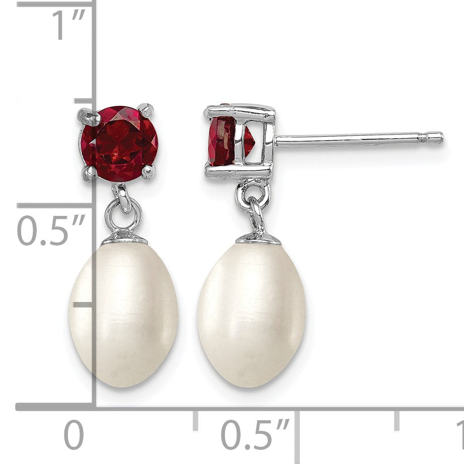 Sterling Silver Rhodium-plated 7-8mm White Teardrop Freshwater Cultured Pearl and 1.26GA Garnet Post Dangle Earrings