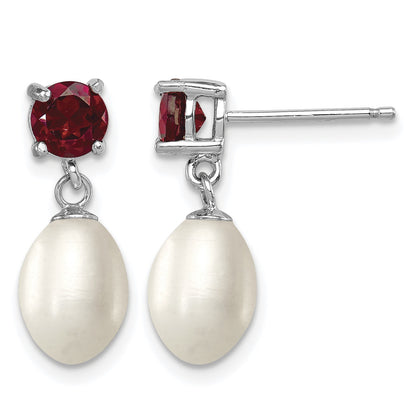 Sterling Silver Rhodium-plated 7-8mm White Teardrop Freshwater Cultured Pearl and 1.26GA Garnet Post Dangle Earrings