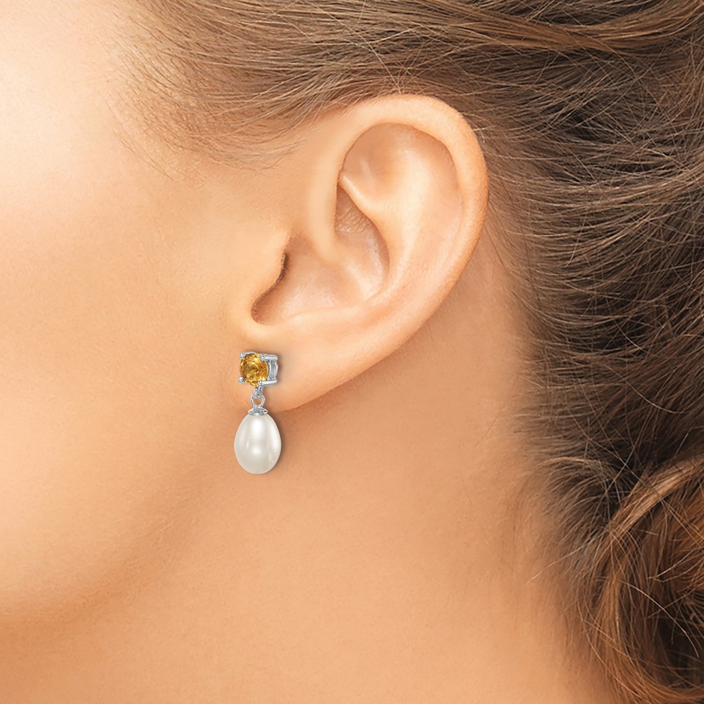 Sterling Silver Rhodium-plated 7-8mm White Teardrop Freshwater Cultured Pearl and .94CI Citrine Post Dangle Earrings
