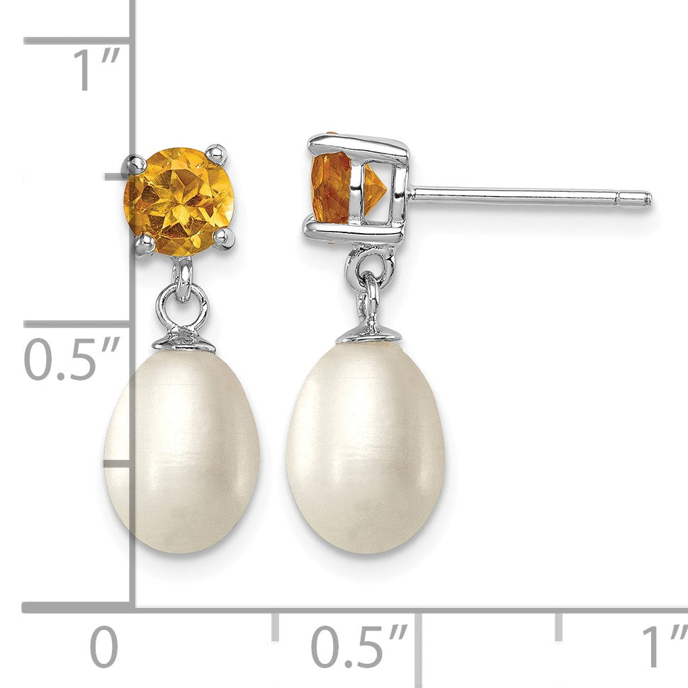 Sterling Silver Rhodium-plated 7-8mm White Teardrop Freshwater Cultured Pearl and .94CI Citrine Post Dangle Earrings