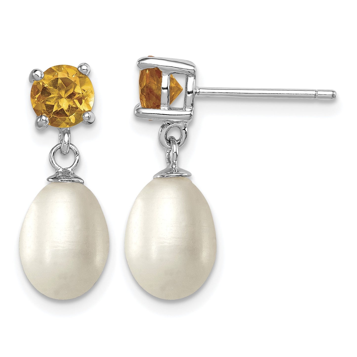 Sterling Silver Rhodium-plated 7-8mm White Teardrop Freshwater Cultured Pearl and .94CI Citrine Post Dangle Earrings