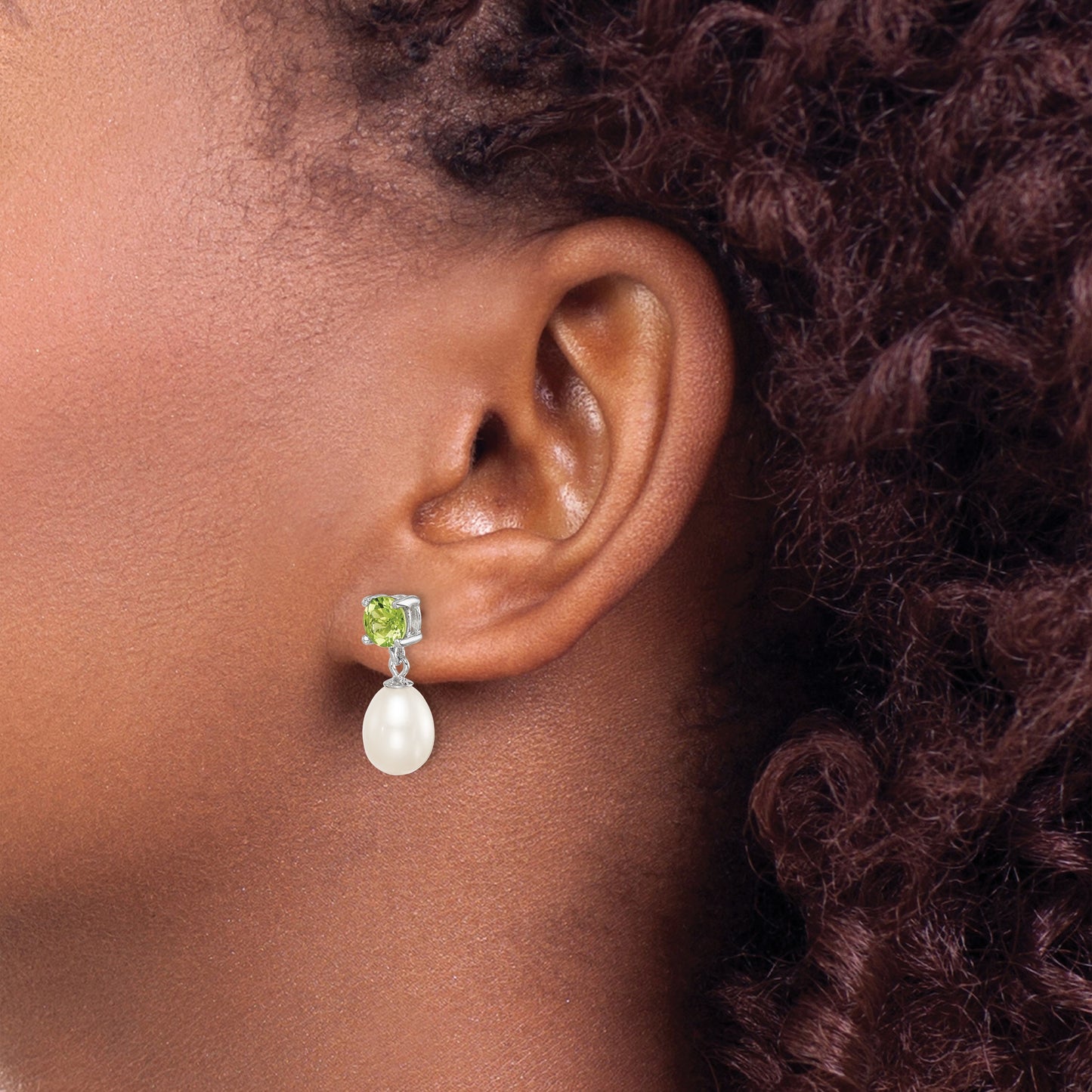 Sterling Silver Rhodium-plated 7-8mm White Teardrop Freshwater Cultured Pearl and 1.12PE Peridot Post Dangle Earrings