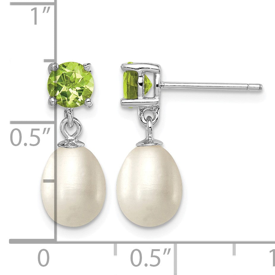 Sterling Silver Rhodium-plated 7-8mm White Teardrop Freshwater Cultured Pearl and 1.12PE Peridot Post Dangle Earrings