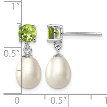 Sterling Silver Rhodium-plated 7-8mm White Teardrop Freshwater Cultured Pearl and 1.12PE Peridot Post Dangle Earrings