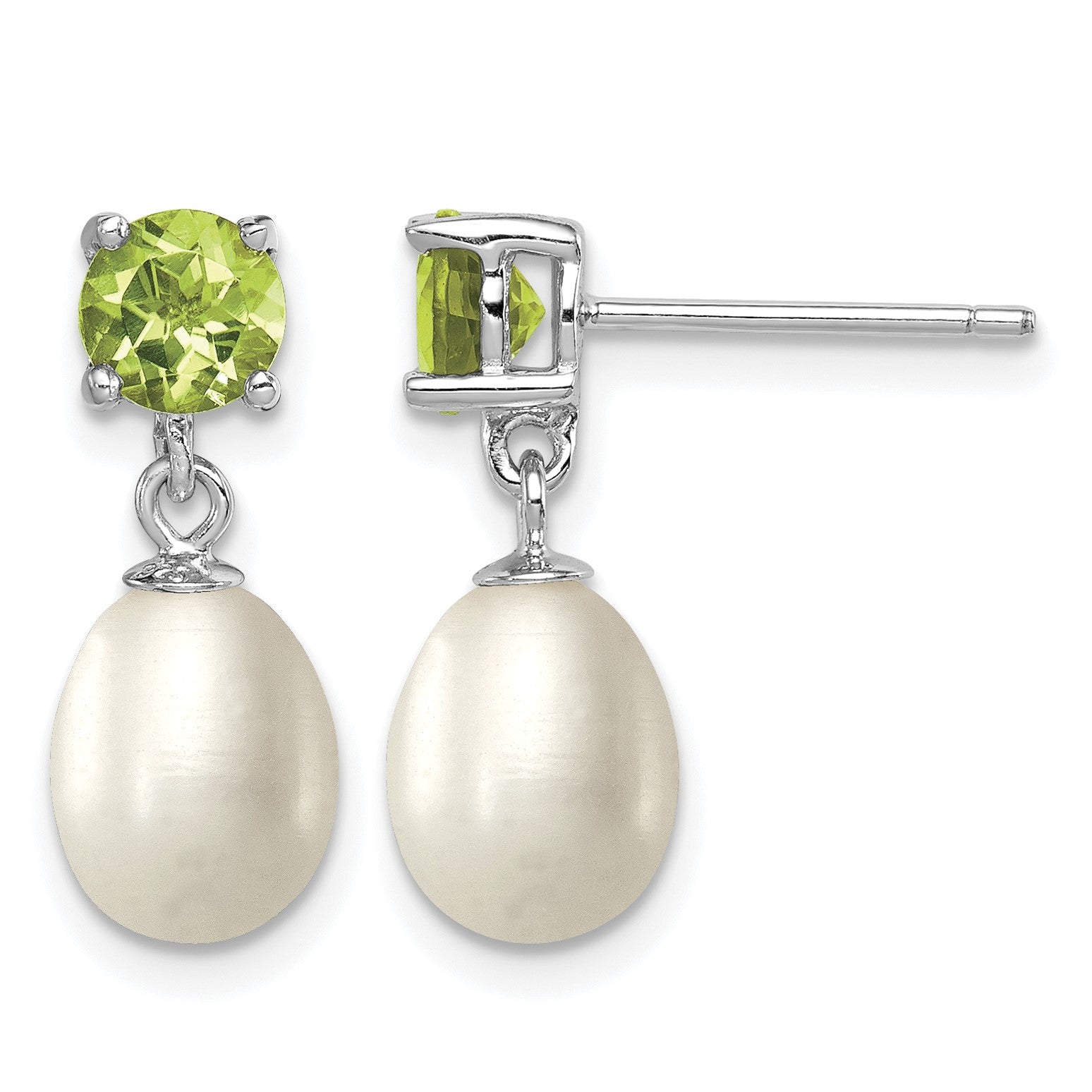 Sterling Silver Rhodium-plated 7-8mm White Teardrop Freshwater Cultured Pearl and 1.12PE Peridot Post Dangle Earrings