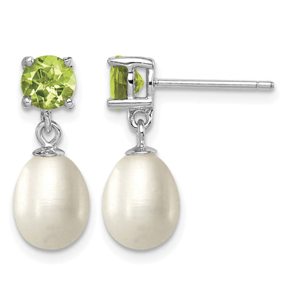 Sterling Silver Rhodium-plated 7-8mm White Teardrop Freshwater Cultured Pearl and 1.12PE Peridot Post Dangle Earrings