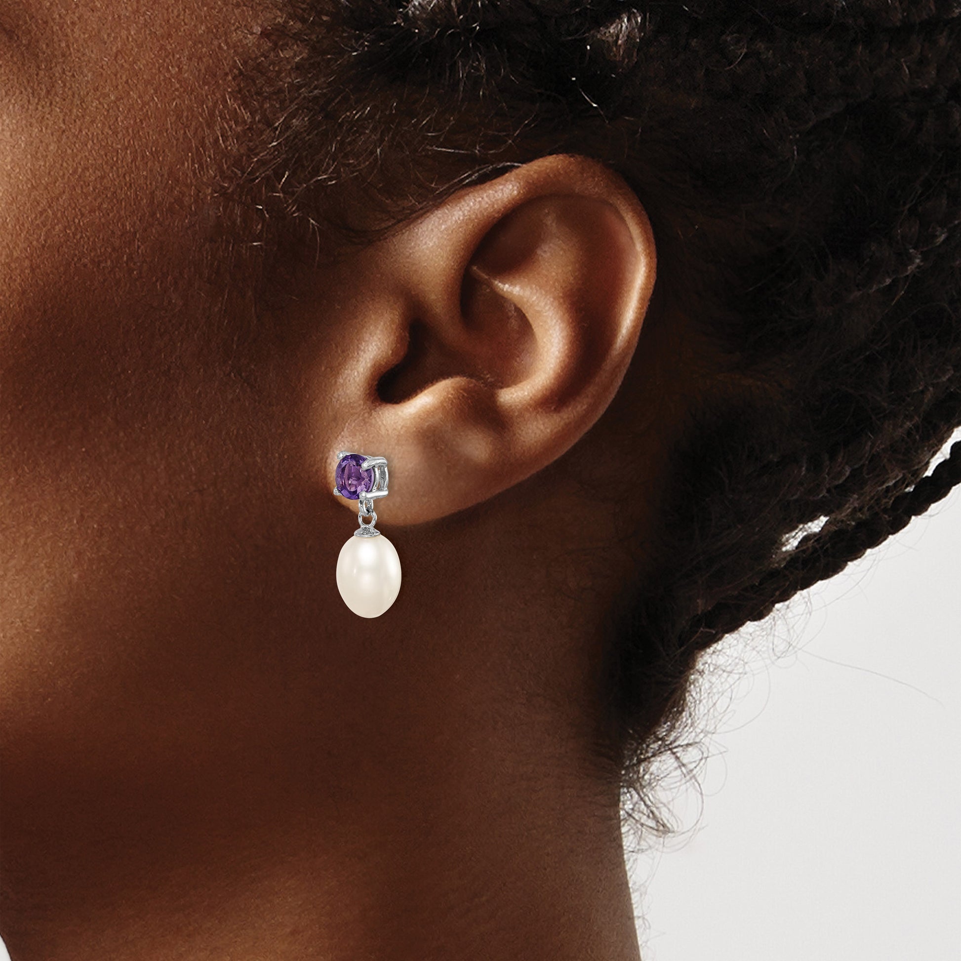 Sterling Silver Rhodium-plated 7-8mm White Teardrop Freshwater Cultured Pearl and .84AM Amethyst Post Dangle Earrings
