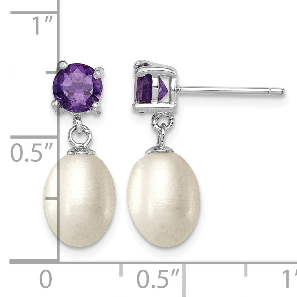 Sterling Silver Rhodium-plated 7-8mm White Teardrop Freshwater Cultured Pearl and .84AM Amethyst Post Dangle Earrings