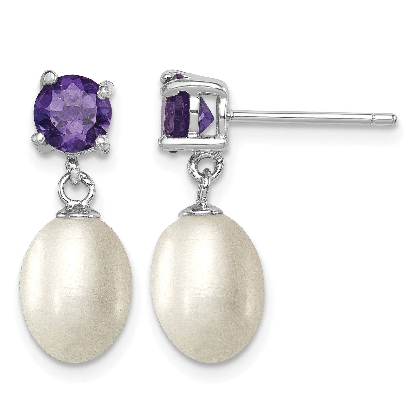 Sterling Silver Rhodium-plated 7-8mm White Teardrop Freshwater Cultured Pearl and .84AM Amethyst Post Dangle Earrings