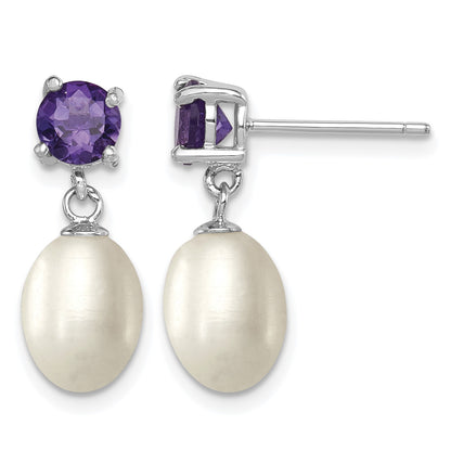 Sterling Silver Rhodium-plated 7-8mm White Teardrop Freshwater Cultured Pearl and .84AM Amethyst Post Dangle Earrings