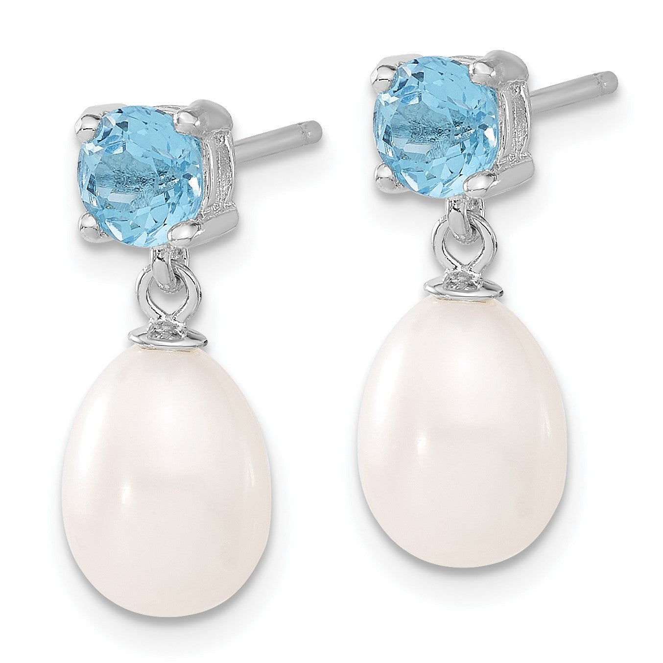 Sterling Silver Rhodium-plated 7-8mm White Teardrop Freshwater Cultured Pearl and 1.30BT Blue Topaz Post Dangle Earrings